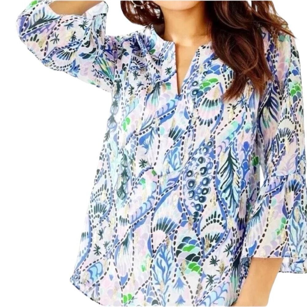 Lilly Pulitzer Women's Elenora Tails Of The Sea Silk Top Metallic Multi Size XS